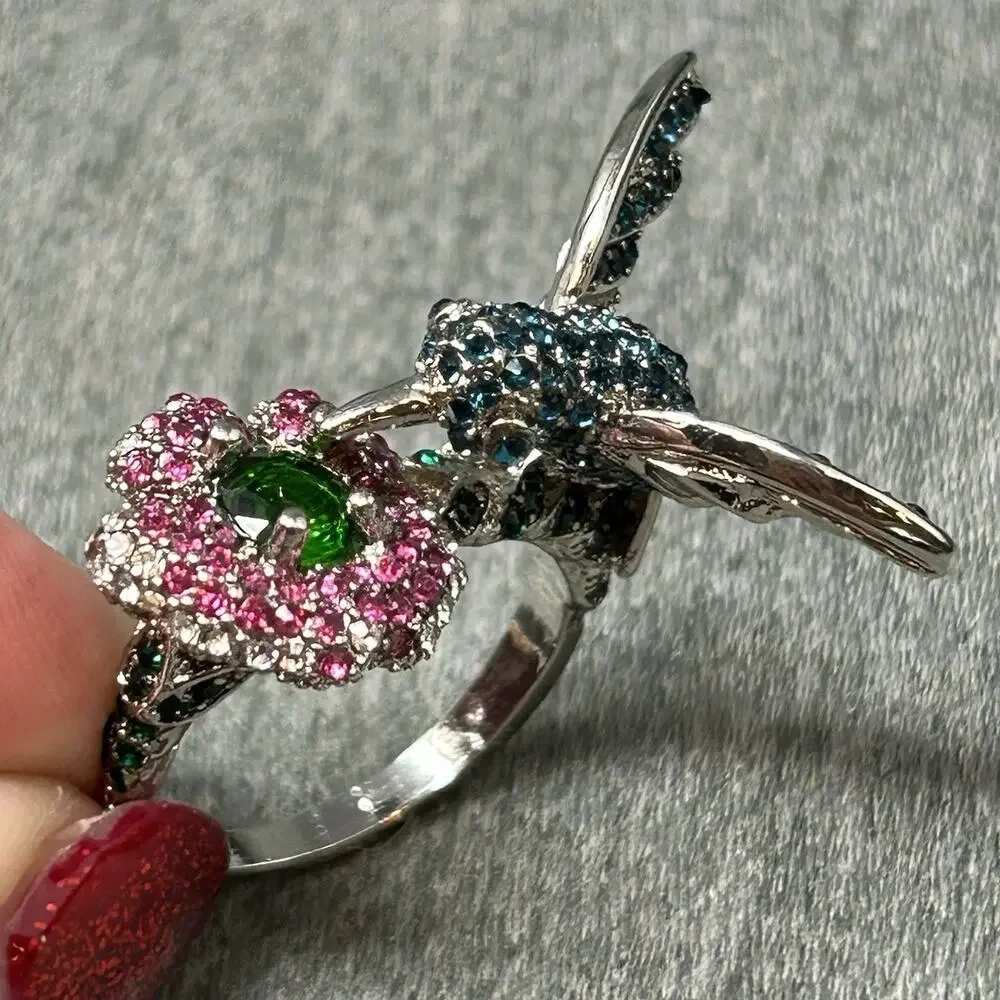 Hummingbird Cocktail Ring Size 9.5 Colorful CZ Flower Pave Bird Band Statement